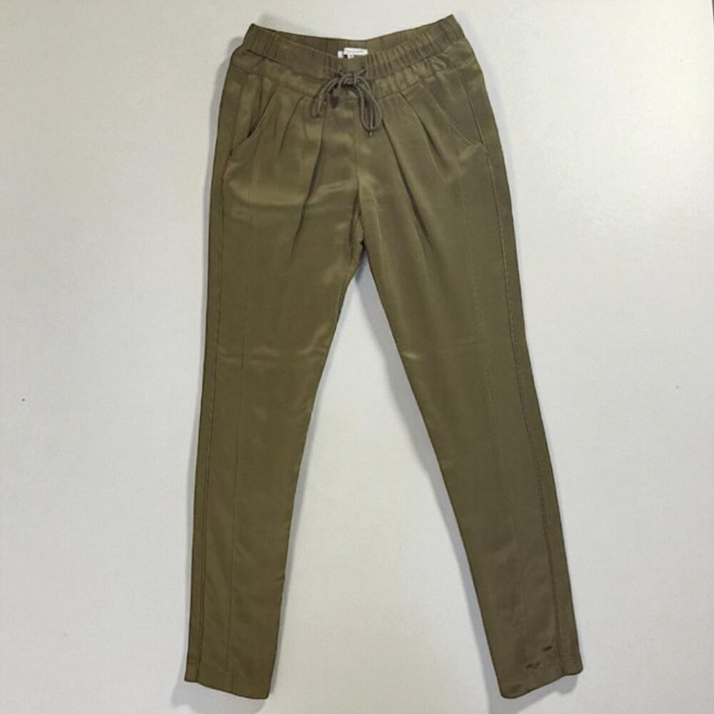Rebecca Minkoff XS Olive Green Satin Silk Drawstring Pant Stretch Relaxed Resort